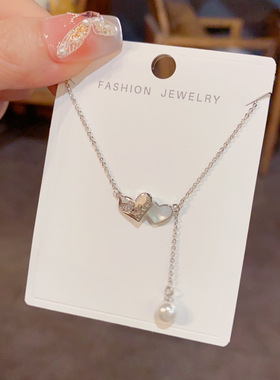 时尚百搭双爱心珍珠流苏项链女甜美气质个性轻奢高级感锁骨链新款