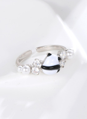 黑白熊猫锆石珍珠可调节开口指环气质戒指女士小众高级轻奢食指戒