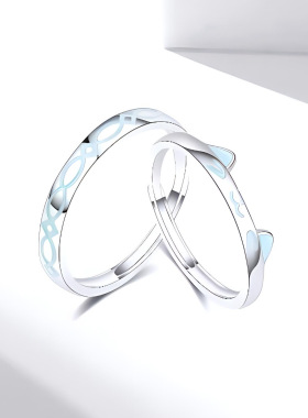 s999纯银猫鱼之恋情侣戒指创意轻奢萌趣猫爪对戒时尚小清新指环