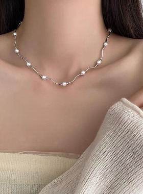 蒂奇S925纯银小众设计感仿珍珠项链女轻奢气质弯管波浪优雅锁骨链