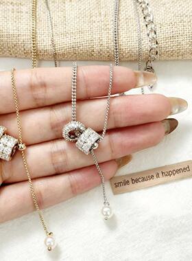 艺达轻奢满钻滚筒吊坠项链珍珠锁骨链小众设计精致高级感叠戴配饰