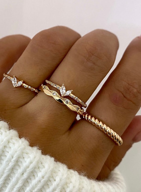 欧美跨境饰品 潮流ins几何玻璃戒指4件套 气质百搭镶钻叠戴手饰女