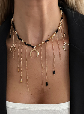 欧美跨境饰品 辣妹甜酷风月牙爱心吊坠项链 时尚水晶串珠锁骨链女