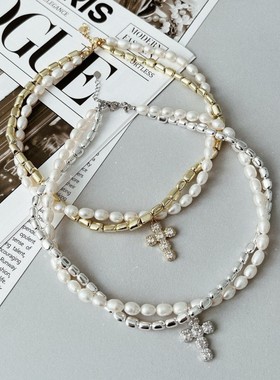 欧美跨境巴洛克仿珍珠项链女小众轻奢高级感镶钻十字架吊坠锁骨链