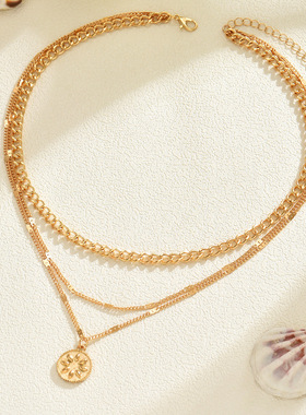 欧美跨境花朵圆盘吊坠嘻哈潮流多层简约叠戴感时尚百搭项链女