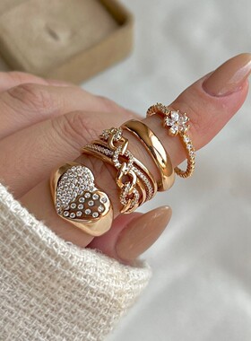 欧美跨境饰品 ins甜美镂空爱心戒指4件套 几何不规则镶钻花朵指环
