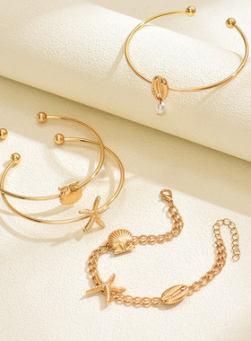 欧美跨境夏天贝壳海星海洋风手链套装气质百搭设计感开口手镯