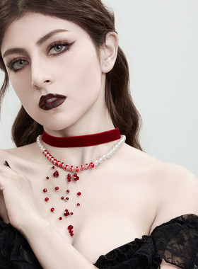 欧美跨境饰品 哥特风珍珠项链choker 万圣节血滴流苏水晶锁骨链