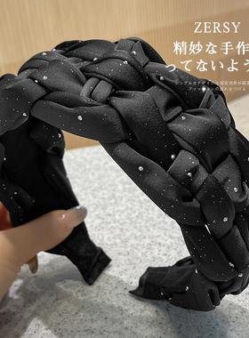 黑色带钻编织宽边发箍日常外戴