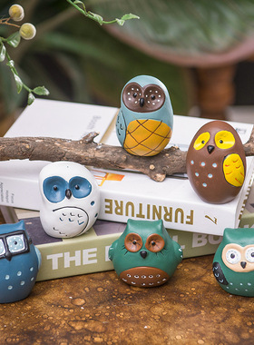 猫头鹰手工陶瓷招财花盆景摆件