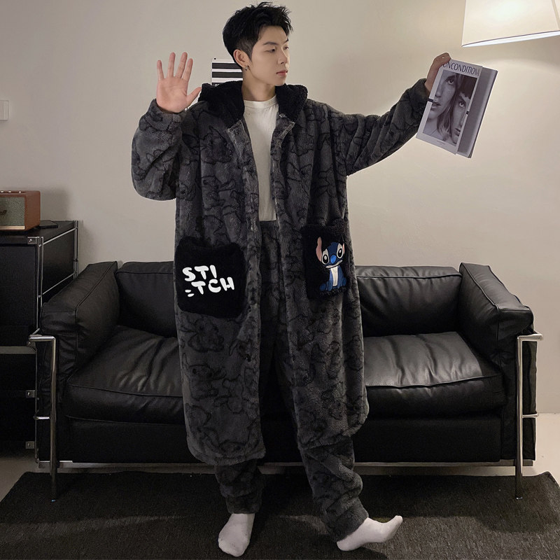 睡袍男秋冬季长款珊瑚绒加厚卡通男士睡衣浴袍男法兰绒家居服套装,淘宝优惠券,粉丝福利购,淘宝优惠卷