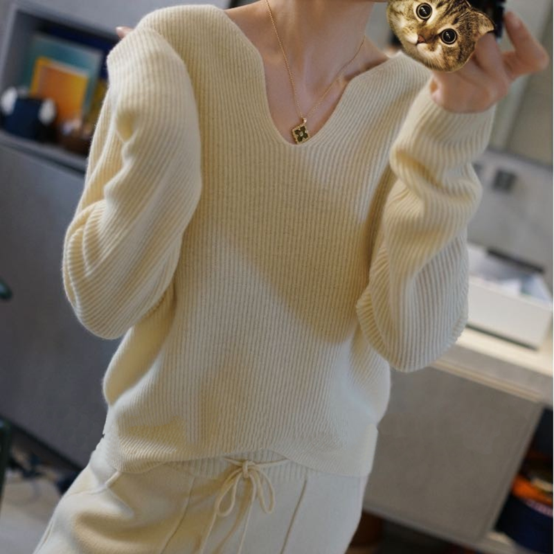 颜值在线 温柔气质 竖螺纹V领100%羊绒衫女秋冬套头纯羊绒毛衣3色,淘宝优惠券,粉丝福利购,淘宝优惠卷