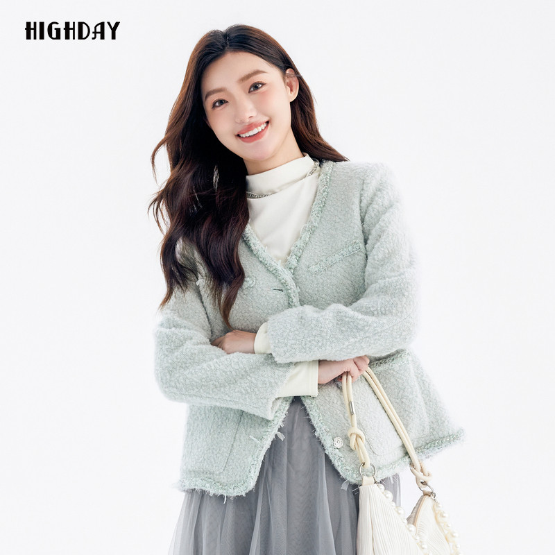 highday轩日2024冬季商场同款女装新款棉服V领小香风优雅长袖外套