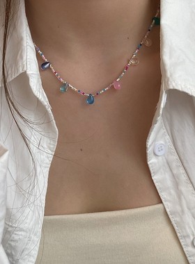 碎银子灯泡水滴项链s925纯银彩色糖果锁骨链波西米亚风出游时髦