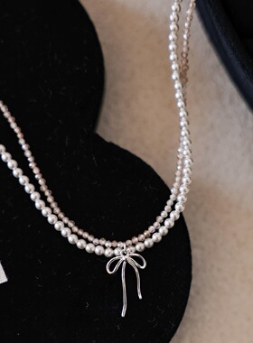 925银香槟锆石仿珍珠项链双层蝴蝶结甜美锁骨链简约个性轻奢气质