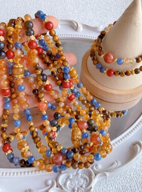 天然蓝晶石虎眼石朱砂黑发晶黄塔晶胶水双圈手串复古多宝手链礼物