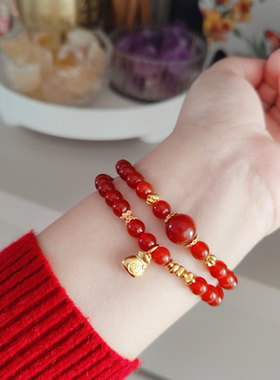 2025蛇年本命年天然红玛瑙手串女转运珠福袋红色玛瑙水晶双圈手链