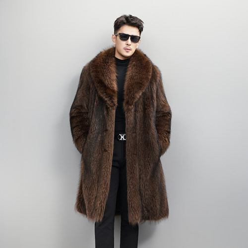 进口美洲浣熊过膝皮草大衣男士冬季高端皮毛一体青果领纽扣外套 - 图1