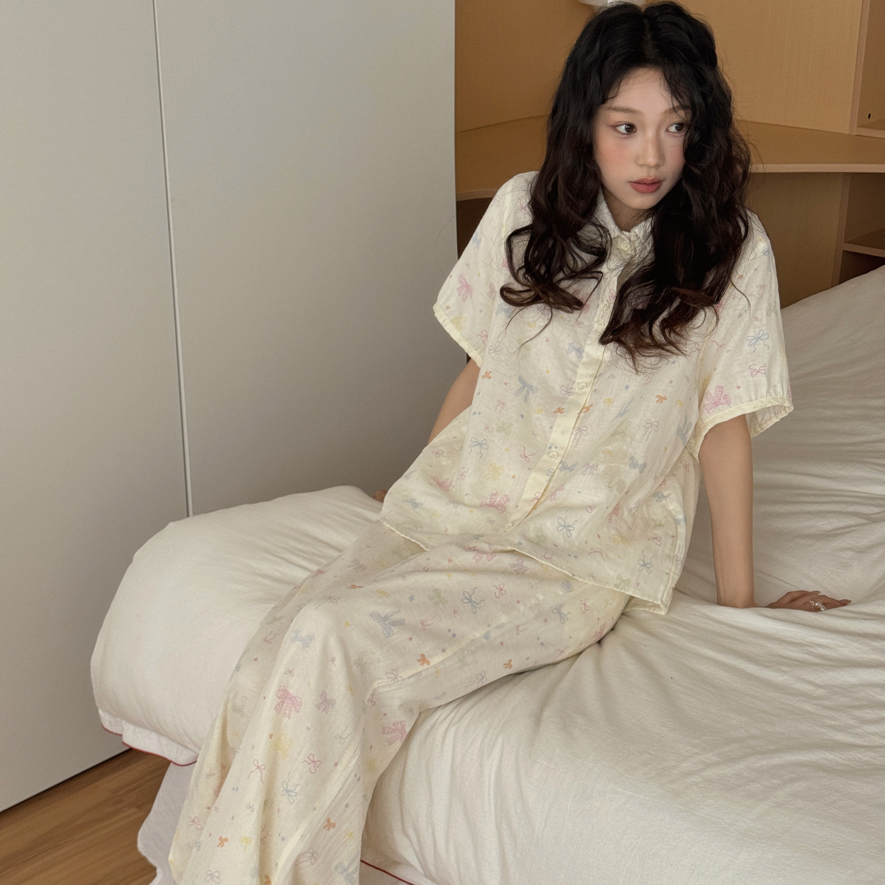睡衣女新款夏薄款纯棉纱2件套