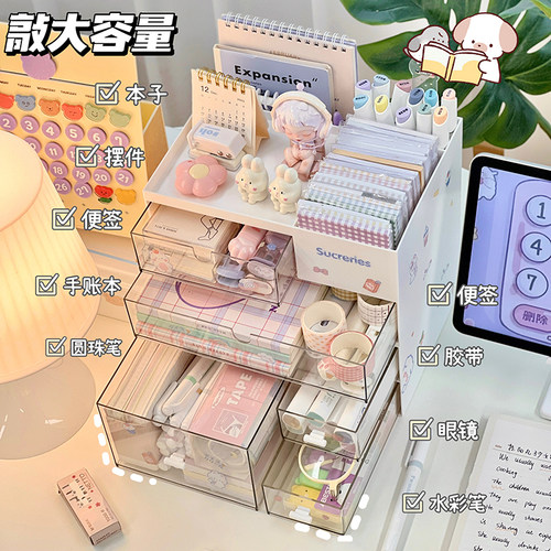 桌面收纳盒抽屉学生宿舍书桌文具化妆品办公室整理盒笔筒置物架柜 - 图2