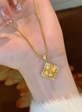 意大利中古拉丝工艺四叶草项链金色复古风毛衣链轻奢高级感配饰