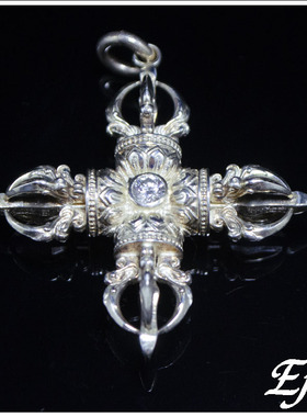 手工锻造 十字金刚杵  镶嵌松石 S925纯银吊坠