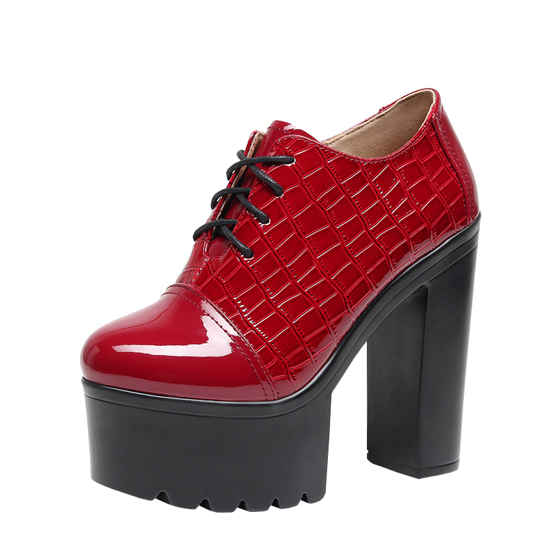 酒红色漆皮14cm圆头走秀超高跟鞋女厚底防水台粗跟系带深口单鞋女 - 图3