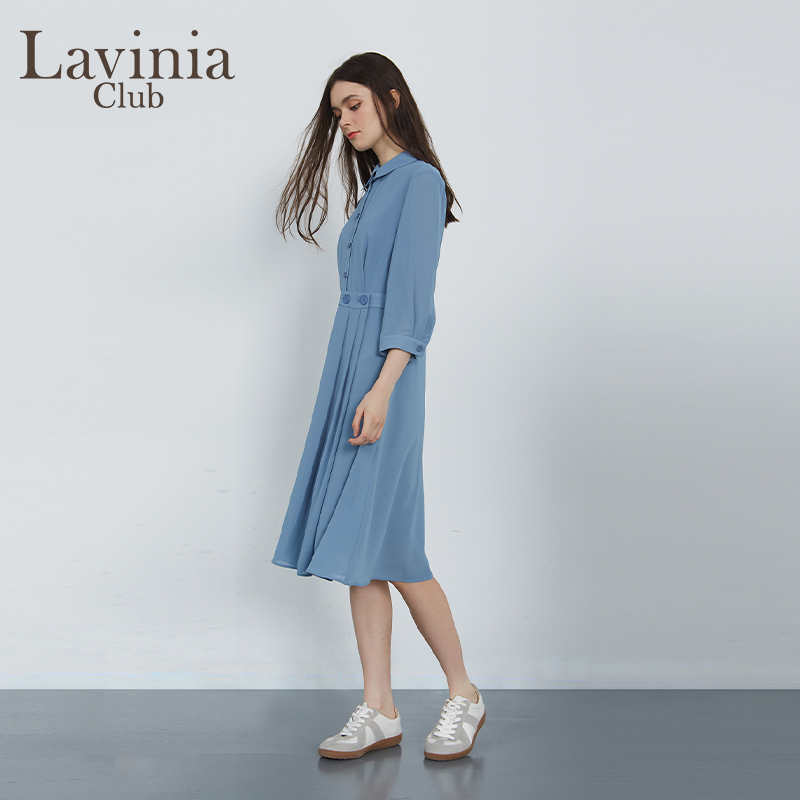 Lavinia Club/拉维妮娅春秋雾蓝色七分袖衬衫裙子连衣裙女士女装 - 图1