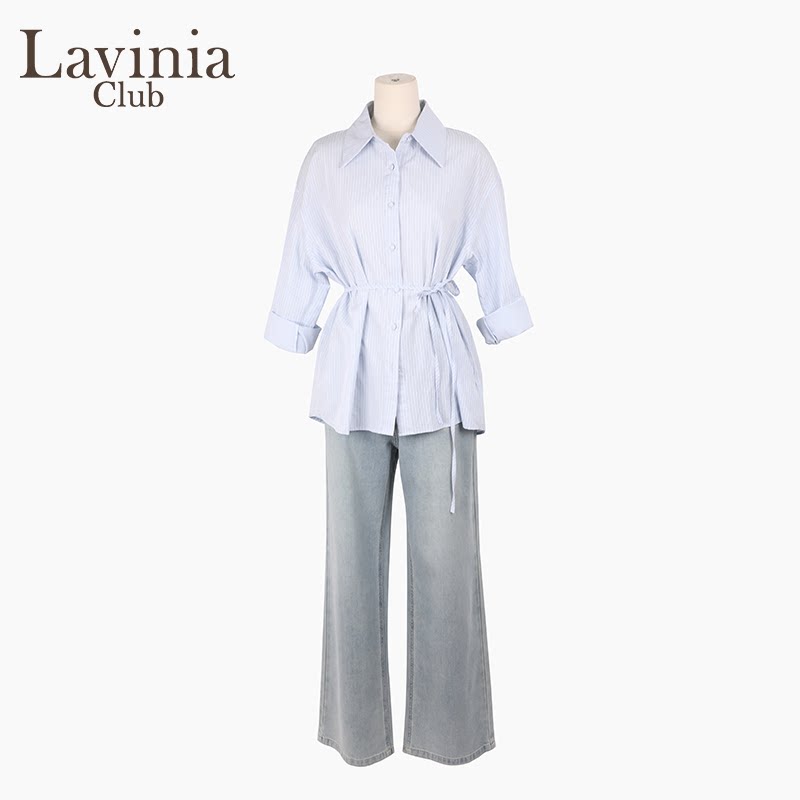 Lavinia 2025春夏新款翻领设计淡人气质通勤蓝色条纹衬衫Y51C153S
