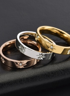 跨境欧美新品太阳花镶钻钛钢镀18K金戒指指环百搭食指中指显气质