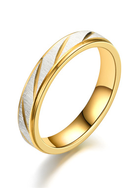 欧美时尚新款金色台阶批花斜线钛钢镀18K金戒指指环百搭男女对戒