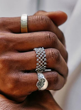 欧美宽版时尚个性INS风圆珠戒指钛钢镀18K金百搭指环新款简约复古