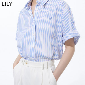 LILY2023夏新款女装高品质精梳棉复古条纹别致翻边垂感短袖衬衫女