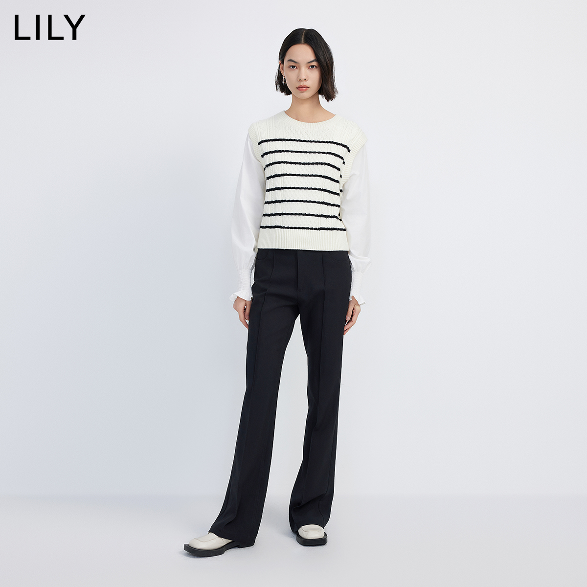 LILY2024春新款女装含绵羊毛复古条纹设计感假两件衬衫毛衣上衣女-图3