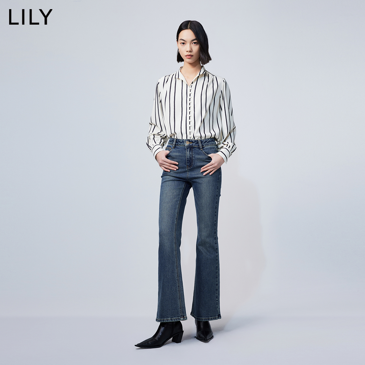 LILY2024春新款女装复古条纹时尚都市通勤款宽松垂坠感长袖衬衫女