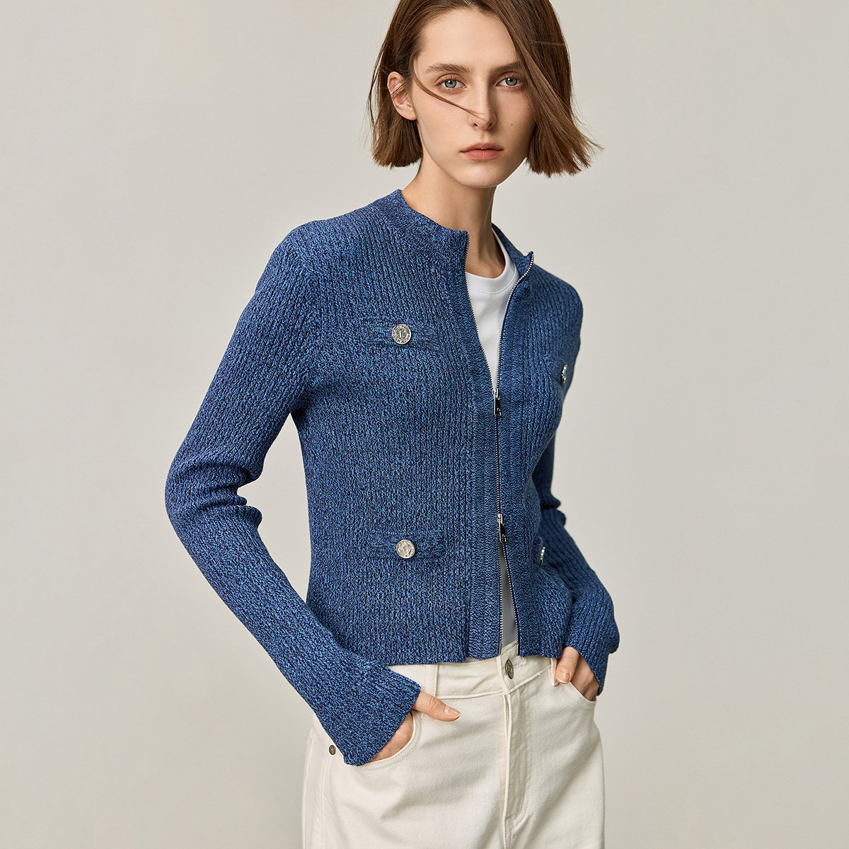 【商场同款】LILY新款复古老钱风双拉链半高领全棉开衫女款 - 图0