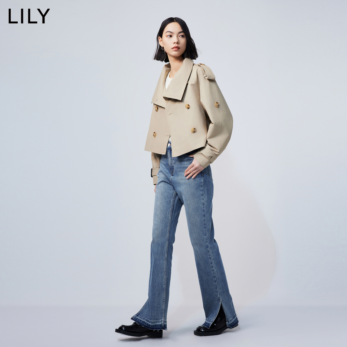 LILY2024春新款女装复古时尚通勤款美拉德穿搭卡其色短款风衣外套