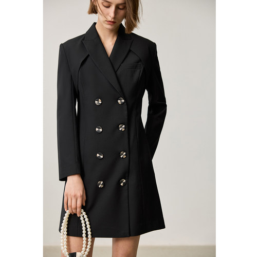 LILY新款女装优雅商务戗驳领双排扣可拆卸风衣式两穿连衣裙 - 图1