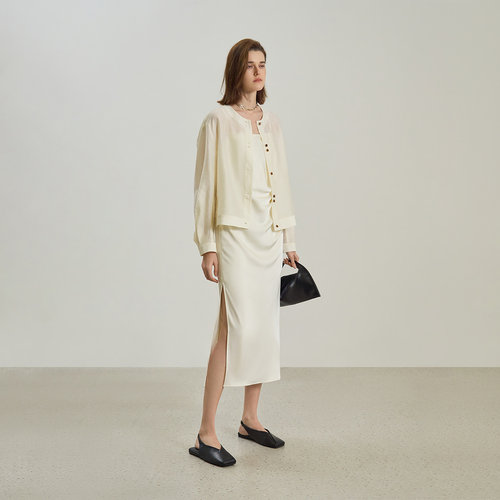 LILY2025新款女装含莱赛尔亚麻宽松休闲圆领轻薄米白色外套短款 - 图2