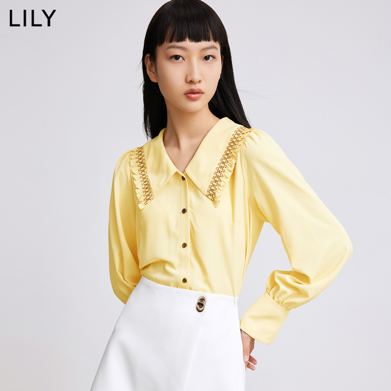 LILY官方旗舰店LILY2022春新款女装法式娃娃领复古泡泡袖通勤宽松长袖雪纺衬衫1