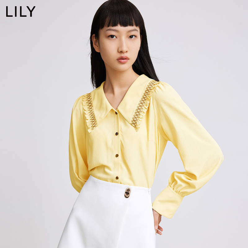 LILY2022春新款女装法式娃娃领复古泡泡袖通勤宽松长袖雪纺衬衫 - 图1