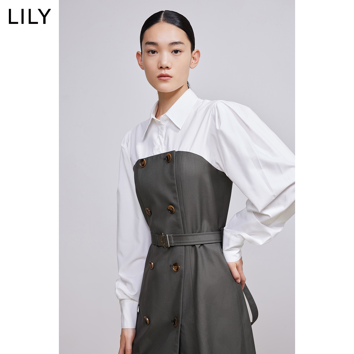 【商场同款】LILY2022春新款女装复古泡泡袖修身假两件衬衫连衣裙 - 图0