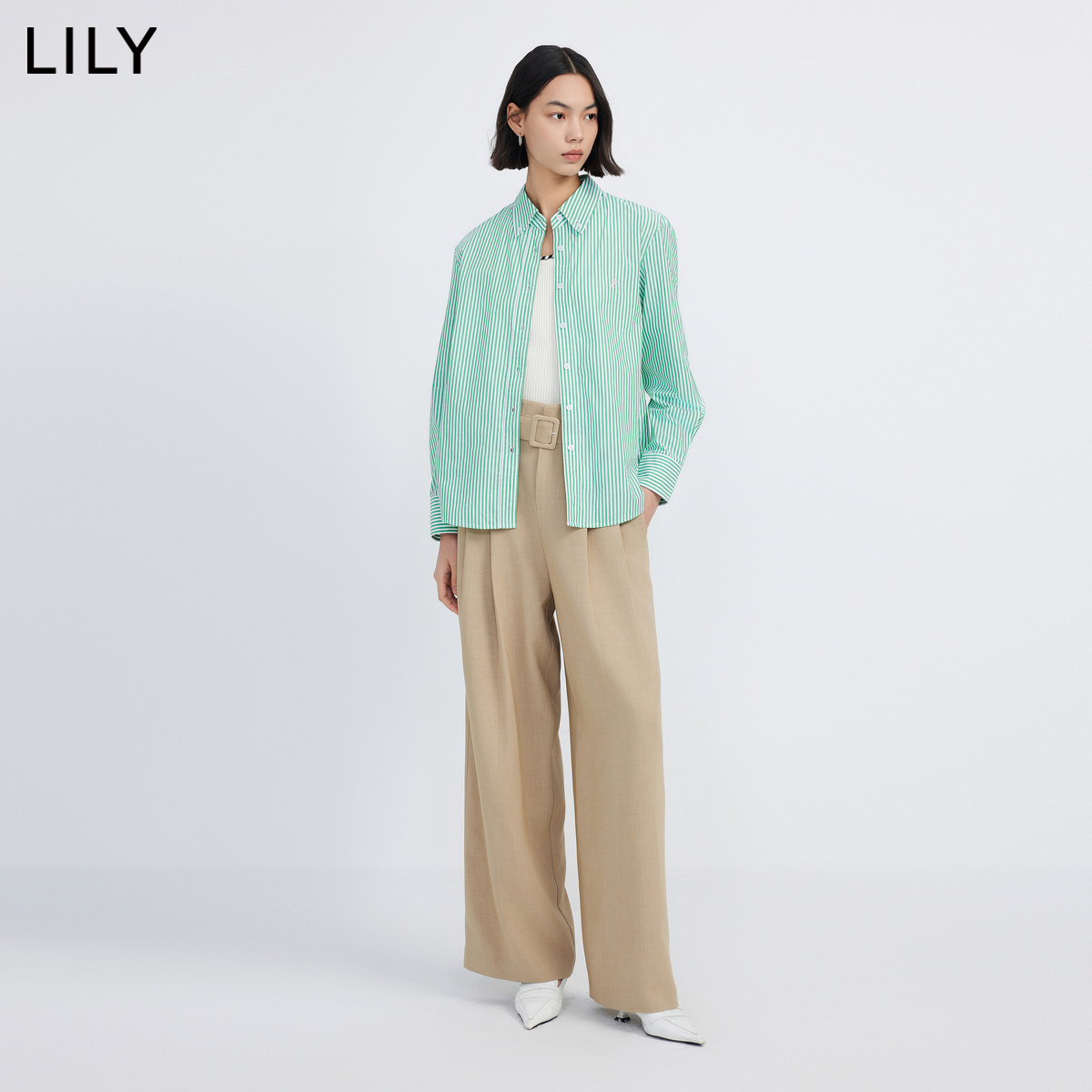 LILY2024春新款女装舒适全棉别致绣花复古条纹垂坠感通勤衬衫上衣-图1