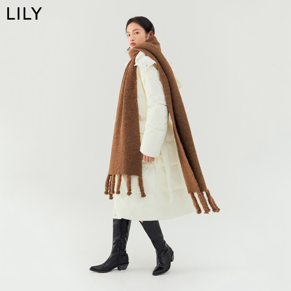 【商场同款】LILY2022冬新款女装保暖鹅绒时尚腰带连帽长款羽绒服-图0