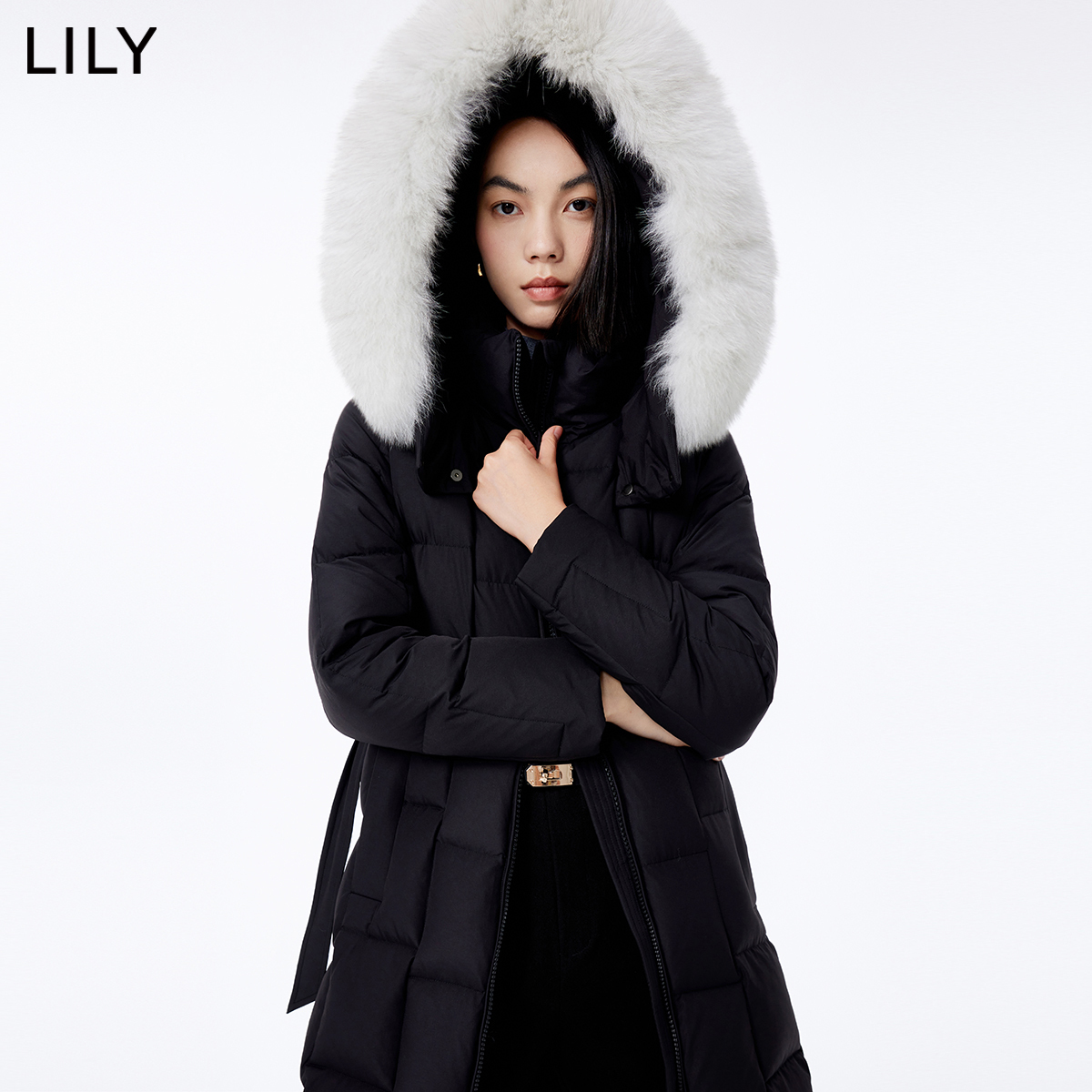 LILY2023冬新款女装连帽狐狸毛领白鸭绒直筒中长款羽绒服保暖外套-图1