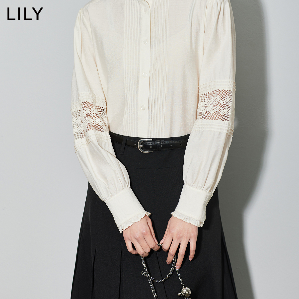 LILY2024春新款女装浪漫时尚拼接别致压褶优雅花边袖宽松垂感衬衫