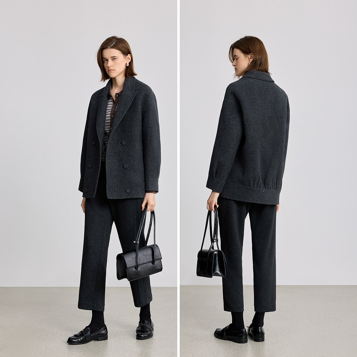 100%羊毛LILY2025冬新款女装老钱风西装领夹花深色双面呢毛呢外套 - 图3