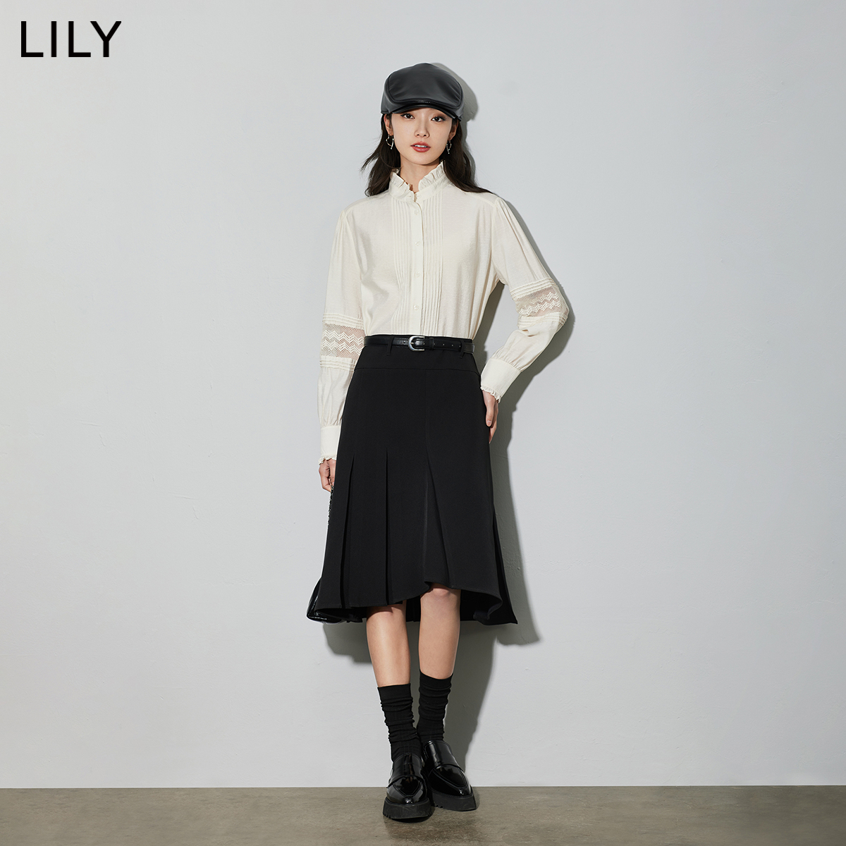 LILY2024春新款女装浪漫时尚拼接别致压褶优雅花边袖宽松垂感衬衫