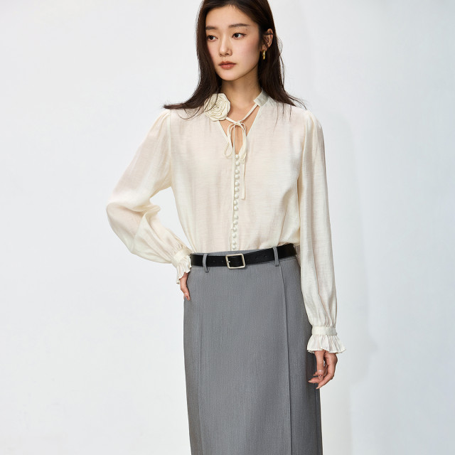 ເສື້ອແຂນຍາວ LILY rose flower collar acetate chiffon