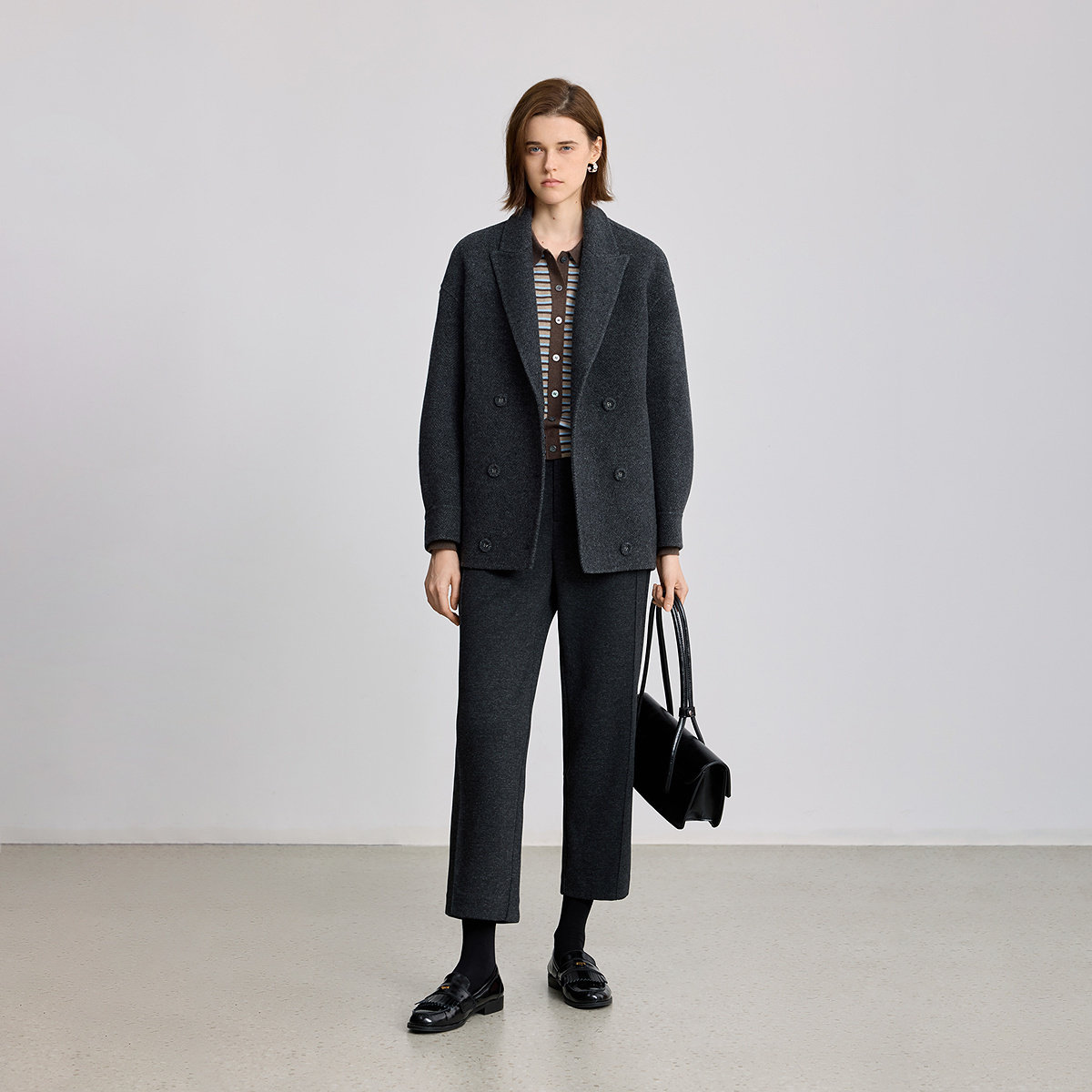 100%羊毛LILY2025冬新款女装老钱风西装领夹花深色双面呢毛呢外套 - 图2